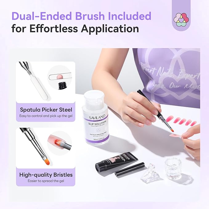 SAVILAND Slip Solution Kit for Poly Nail Gel: 150 ml/5.07fl.oz Nail Extension Slip Solution with Dual-Ended Nail Brush, Large Capacity One-Touch Glide No-Stick Liquid Easy for Nail Art Extension DIY