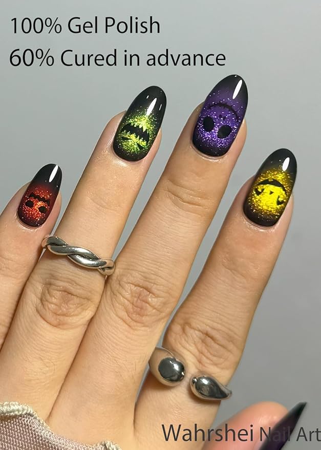 Semi Cured Gel Nail Strips, Cat Eye, Ghost Face 20pcs Adhesive UV Sticker, Wraps for Home Manicure DIY