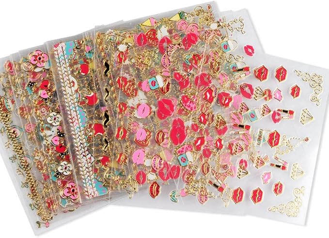Lips Nail Stickers for Valentine's Day, 3D Gold Nail Decals Foils Nail Art Supplies Valentines Heart Red Lip Self-Adhesive Nail Design Metallic Nail Stickers for Women Girls DIY Nail Decoration 30 PCS