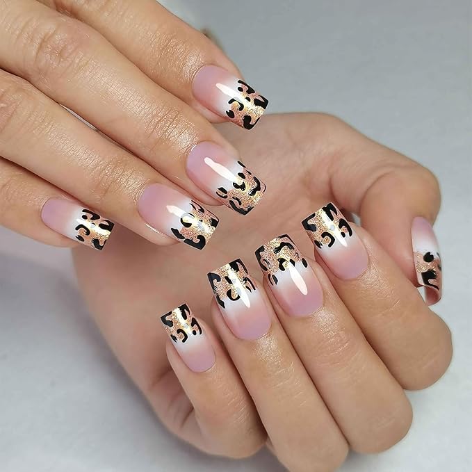 Curvlife Soft Gel Press on Nails Square Fake Nails with Design Full Cover False Nails for Women Reusable Nail Kit with Nail Glue Adhesive Tabs Nail File (leopard print, Long)