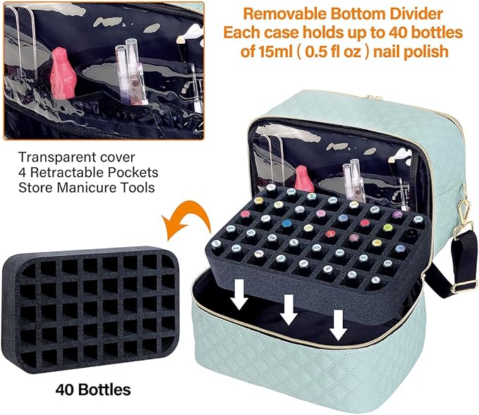 Nail Polish Organizer Case Holds 40 Bottles(15ml/0.5fl.oz) and Nail Lamp, Double Layer Nail Polish Storage with Adjustable Dividers,Portable Carrying Bag for Nail Kit, Manicure Tools Green