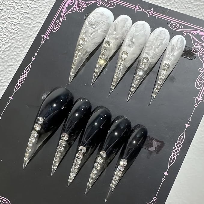 Black White Diamonds Stiletto Press on Nails with Glue Glossy Extra Long False Nails Hand-Painted Designs Handmade Eagle Dragon Cat Claw Unique Reusable Fake Nails
