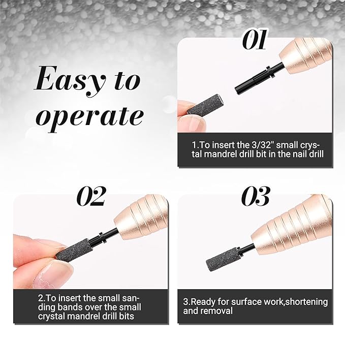 MelodySusie Small Crystal Top 3.1mm Mandrel Bit for Nails, 3/32'' Easy Off Nail Drill Bits for Sanding Bands, Suitable for Acrylic Nails Gel Manicures and Pedicures, Black