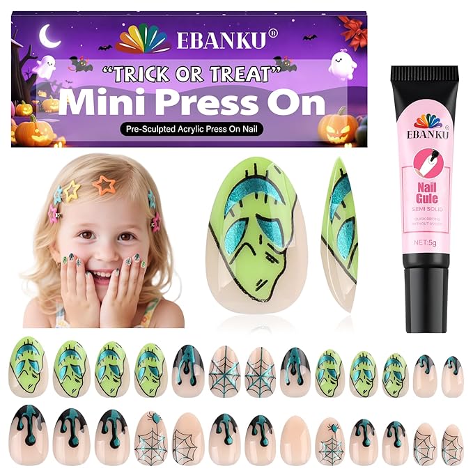 26 Pieces Halloween Press on Nails for Kids, EBANKU Kid Fake Nail Kit Green Spider Web Nightmare Press on Nails for Girls 7-12 Years with Nail Glue
