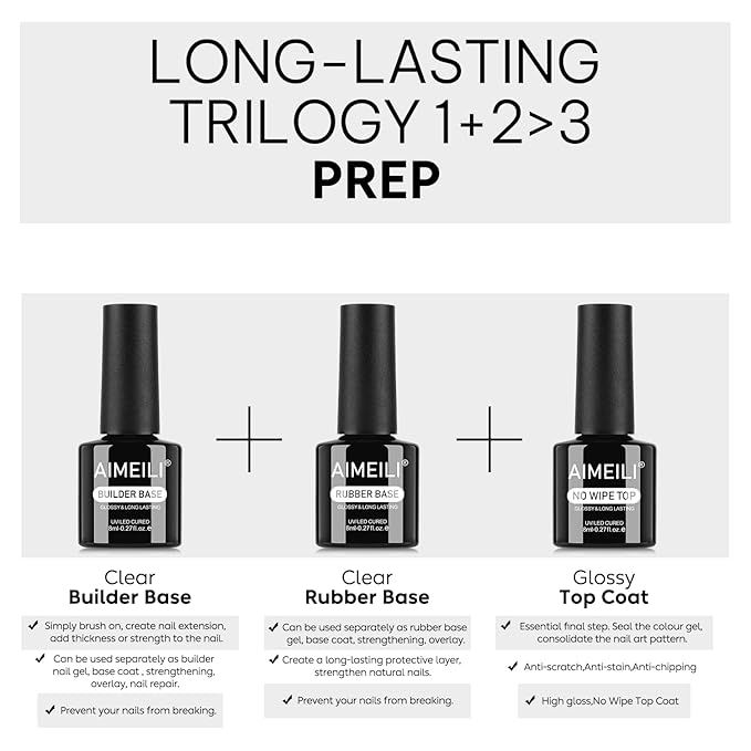 AIMEILI Builder Nail Gel Rubber Base Top Coat Kit 3pcs, Hema Free, Cruelty Free, Vegan, Clear High Gloss Gel Nail Polish Long Lasting Nail Art