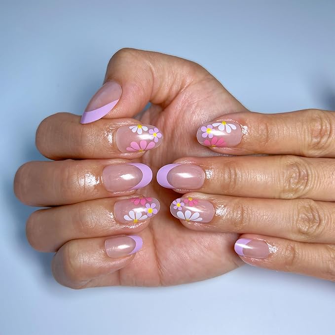 French Press on Nails Short Almond Purple French Fake Nails with Flowers Designs Acrylic Glue on Nails Reusable Gel Nail Glossy Artificial Nails Removable Stick on Nail for Women 24 Pcs