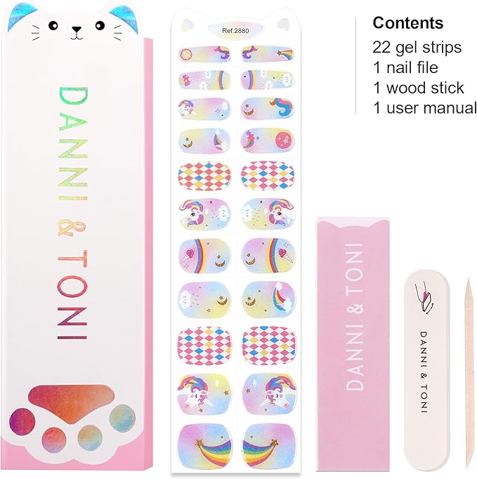 DANNI & TONI Kids Gel Nail Strips Unicorn Rainbow Moon and Stars Salon-Quality Peel & Stick Manicure for Children (Age 6+)– Safe, Long-Lasting, Easy to Apply | Unicorn Dash