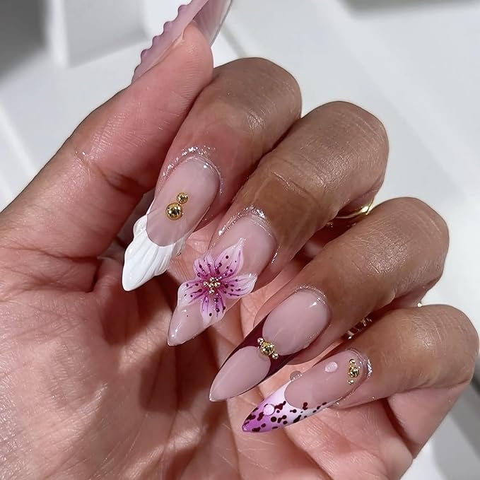 Almond Press on Nails Long Fake Nails French Artificial Nail Purple Floral Designs Stick on Nail for Women 24pcs