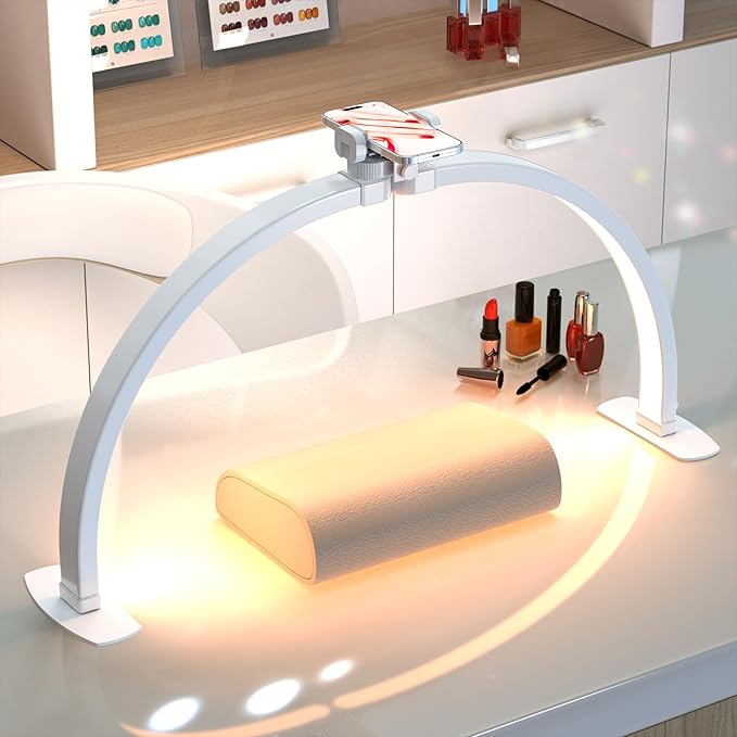 Professional Large Half Moon Light for Nail Desk with Phone Holder, Arch Light for Nail Techs for Manicure Table (White, Large)