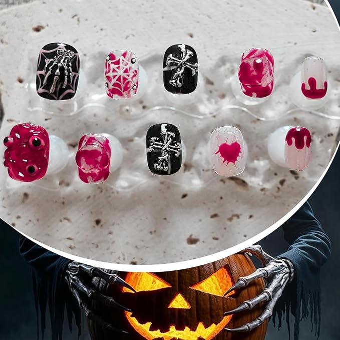 Nightmare Before Christmas Press on Nails Dark Gothic Fake Nails - Short Black White Square Nails with Spider Skeleton Cross Eyes Charms Shiny Artificial Stick on Nails for Women (Halloween Monster,S)