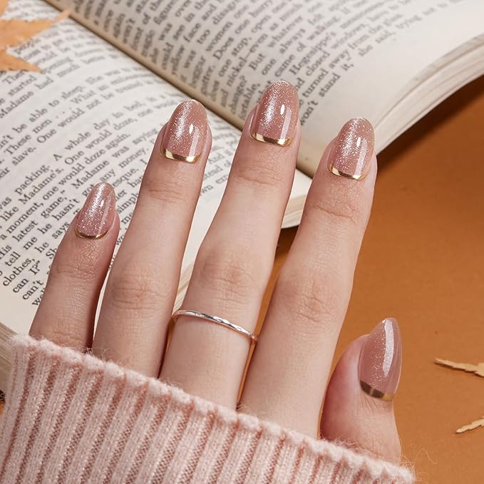 VSALON Press On Nails Short Oval, Gold Foil Nude French Tip Cat Eye Shimmer Nails, Salon Quality Semi-transparent Fake Nails Kit - 32 PCS Stick on Nails in 16 Sizes with UV Glue & Cuticle Oil