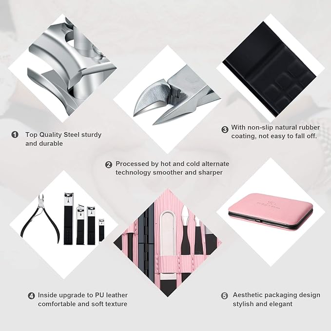 Manicure Set Professional Nail Clippers Kit Pedicure Care Tools- Stainless Steel Women Grooming Kit 18Pcs for Travel or Home (Pink)