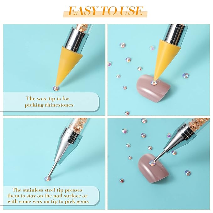Tatuo 2 Pieces Rhinestone Picker Dotting Pen, Dual-ended Rhinestone Gems Crystals Studs Picker Wax Pencil Pen Crystal Beads Handle Manicure Nail Art DIY Decoration Tool (Green, Yellow)