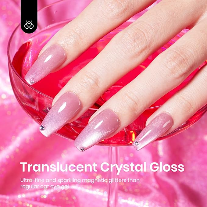 Beetles Pink Cat Eye Gel Nail Polish - 15ML Pink Cat Eye Glitter Gel Polish with Magnet Jelly Translucent Glass Effect Soak Off UV Nail Art DIY Manicure Gifts for Women