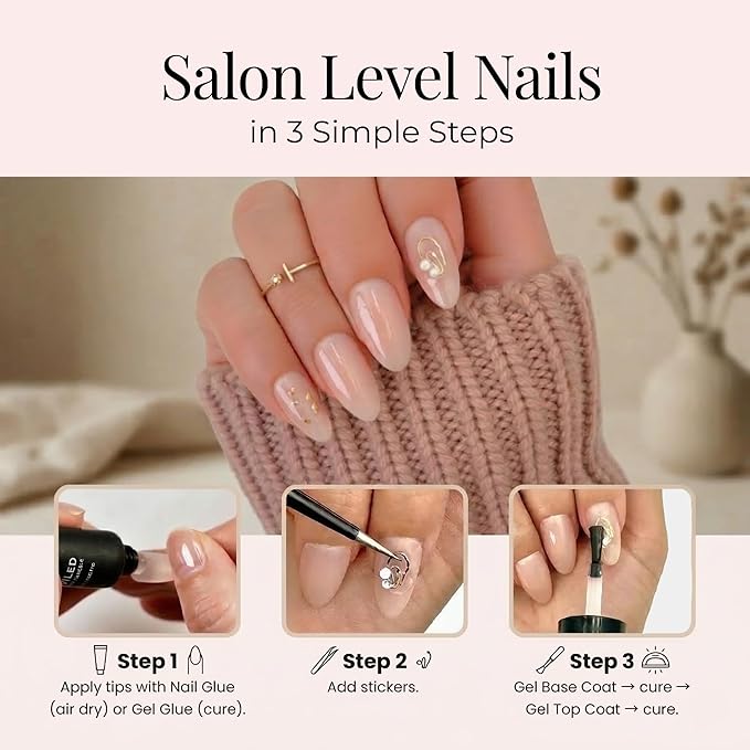 WilloTips Soft Gel Press-On Nail Tips – Medium Almond | 3 Nude Shades, 15 Sizes per Set | Gel-X Nail Extension Style, Tips-Only Refill Pack + Nail Art Sticker Sheets (No Glue, No Lamp)