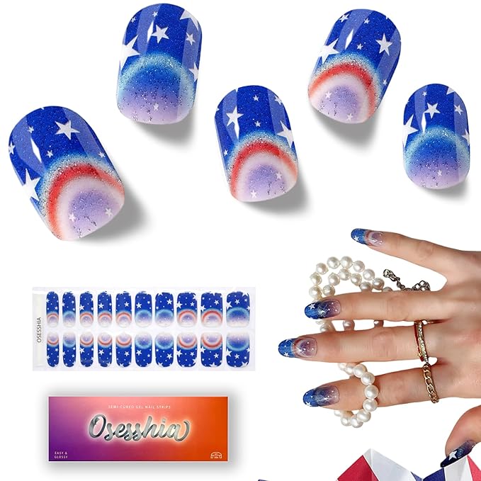 Semi Cured Gel Nail Strips, 20 pcs Nail Wraps, Glaze Stickers, Salon Quality French Manicure, Full Decal Gel Polish Strips, Long Lasting, Easy on, UV Required (Glitter Jul 4th)