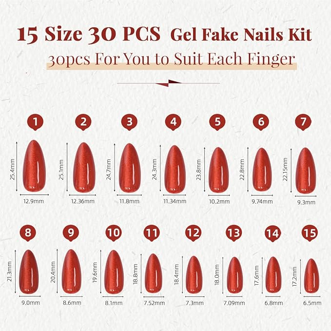Valentines Red Cat Eye Press On Nails Almond Red Glitter Fake Nails Medium, Holiday Sparkle 15 Sizes Reusable Nail Kit - 30 Pcs with Glue