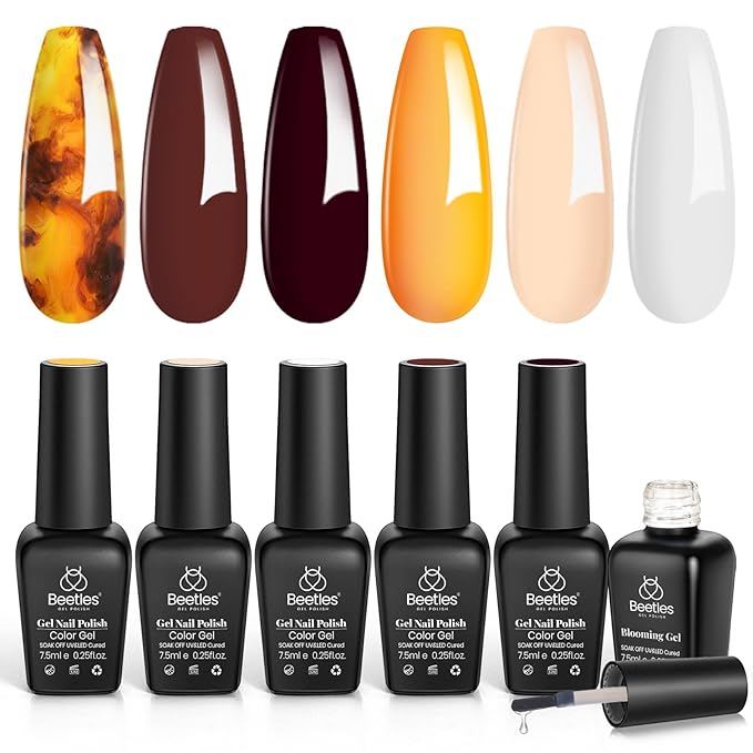 beetles Gel Polish Kit with Blooming Gel, 5 Colors Amber Attraction Tortoise Brown Yellow Nude White Gel Nail Polish Set Clear Blooming Polish Soak Off UV DIY at Home Salon Nail Art Gifts for Women
