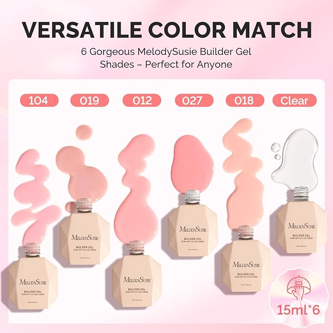 MelodySusie Builder Gel Nail Set for Nails Thickening,6 Colors 15ML Nude Pink Base Colors Clear Rubber Base Gel Polish,Soak Off UV Extension,Rhinestone Nail Glue in a Bottle Gift for Women