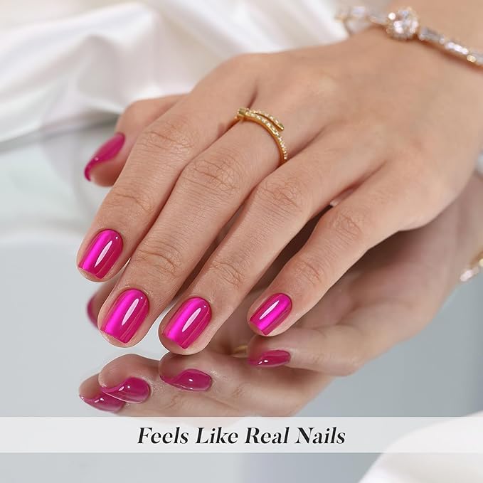 Hot Pink Press on Nails Short - SHANGMENG Soft Gel Cat Eye Press on Nails Square for Women, Naturally & Full Cover Reusable Glue on Nails in 16 Sizes - 32 Fake Nails Kit with Glue, Hot Pink