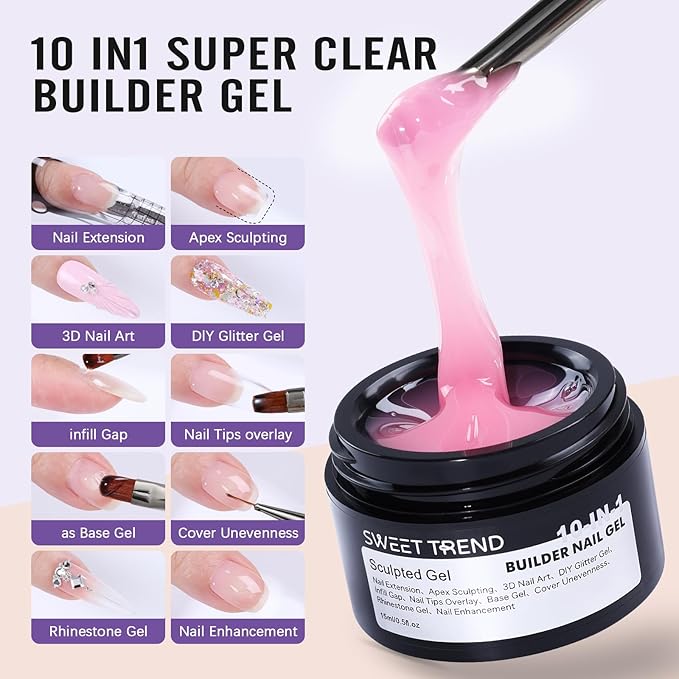 Builder Gel for Nails Kit - 10-IN-1 6 Colors Thickening Nail Set White Clear Soft Pink Rose Nude Coffee Hard Scuplted Gel for 3D Extension Sculpting Tips Base Rhinestone Soak Off UV/LED Manicure