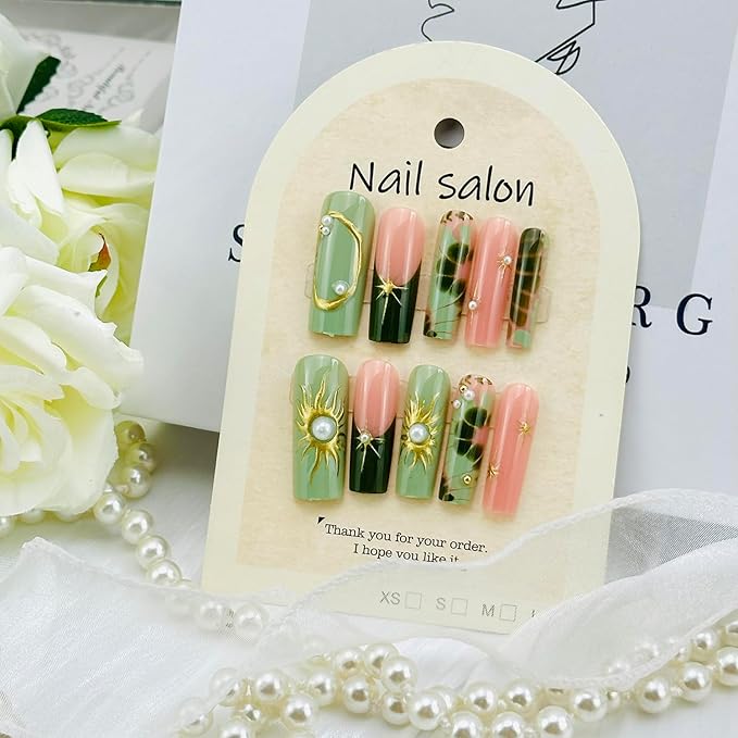 24pcs Green Press on Nails Medium Square French Tip Fake with 3d Gold Star Rhinestones Designs French Tip Artificial Glue on Nails Green Full Cover False Nails Nude Glossy Acrylic Nail decor for Women