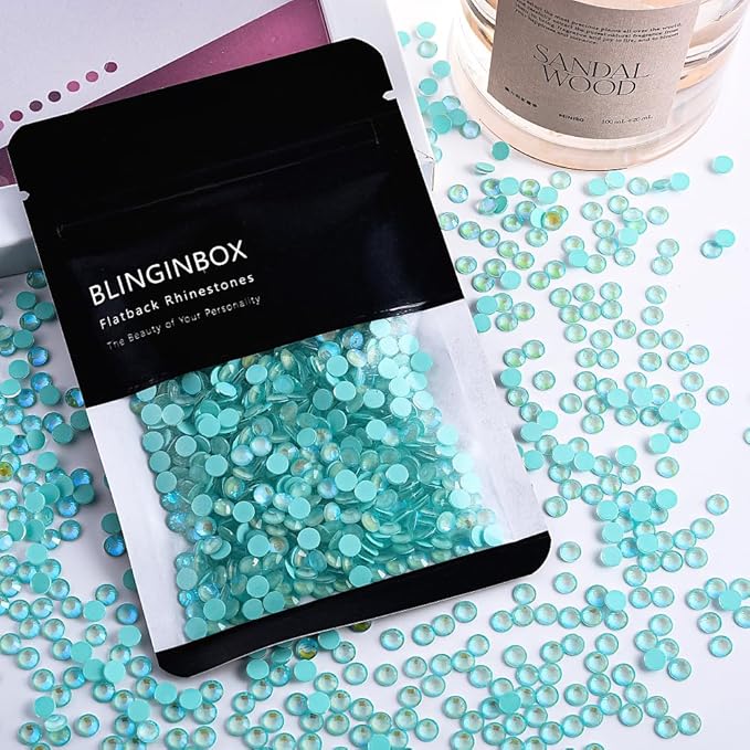 Blinginbox Flatback Rhinestones Round Gems, 288pcs Luminous Series Glass Stones Neon Gems Non Hotfix Crystal Rhinestones for Nail Charms Crafts Clothes Tumblers,Tiffani Blue AB Luminous,SS30.