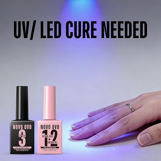 NOVO OVO UV Nail Glue and Builder Gel 2 in 1, No Wipe Top Coat Kit for Predesigned French Tip Nail Tips, HEMA TPO FREE, Super Strong Adhesive for Press on Acrylic Nails, Long Lasting, Easy to Use