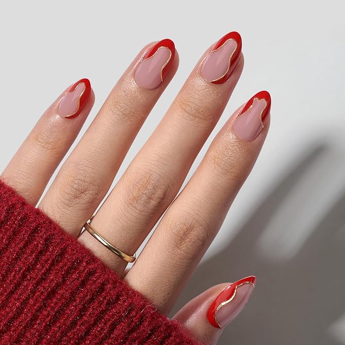 BTArtbox French Tip Press On Nails - Short Almond Red Press On Nails with Glue and Adhesive Tabs for Women in 16 Sizes - 32 Soft Gel Glue On Nails Kit, Wildfire Waves