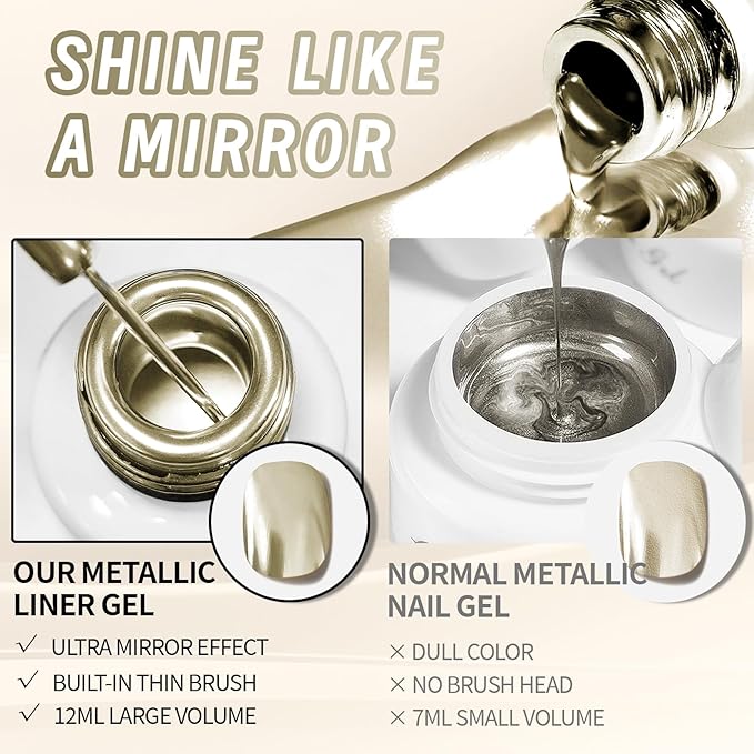 12ml Metallic Painting Gel Liner Nail Art 3D Mirror Chrome Effect Nail Polish Metal Painted Drawing Build in Thin Brush Soak Off UV/LED Bronze Gold Striper Gel for Nail Art Manicure