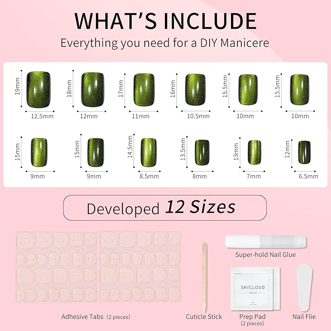 Green Cat Eyes Press On Nails,12 Sizes - 24 Pcs Soft Gel Green Medium Square Fake Nails Kit with Nail Glue, Natural Reusable Stick On False Nails for Women and Girls (Skycloud Nails) SK0925