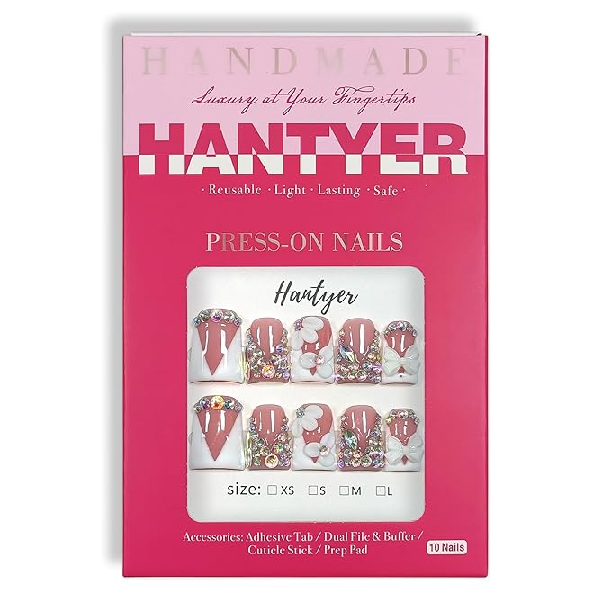 10pcs Press on Nails with Tools Kit, Short Duckbill Glossy White French Tips, Crystal Rhinestones & 3D Floral Designs, Icy Shimmer Finished Salon Nails, Reusable for Special Events (Size S)