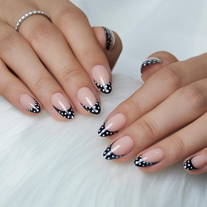 Curvlife Soft Gel Press On Nails Medium Almond Nude with Black French Tip Polka Dots, Glue On Fake Nails Reusable False Nails Stick On Nail Tips for Women