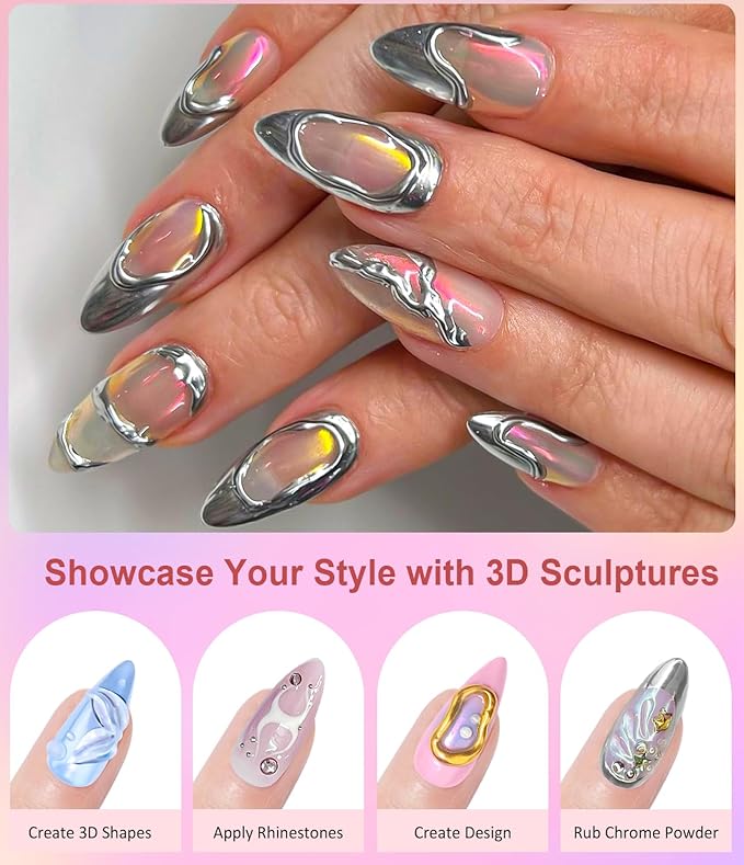 Chrome Nail Powder and 3D Nail Gel Kit BISHENGYF: 15g No Wipe 3D Sculpting Gel Aurora Mermaild Pink White Pearl Chrome Nail Powder with Clear 3D Carving Nail Molding Glue Set for Nail Art Decoration