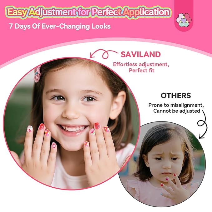 SAVILAND Glamkids Kids Press on Nails: 7 Days Of Ever-Changing Looks Press on Nails for Kids 8-12 Pre-Glue Full Cover Fake Nails for Girls Parties Sleepovers Makeovers LittleNailArtist