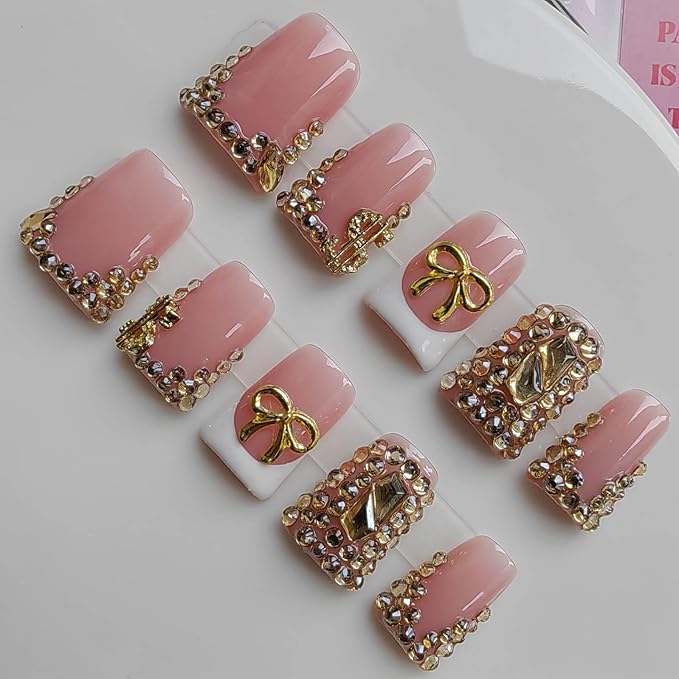 Duck Press on Nails Handmade Fake Nails Pink with Rhinestones and Bow Design for Women 10pcs M Size Pattern 1102