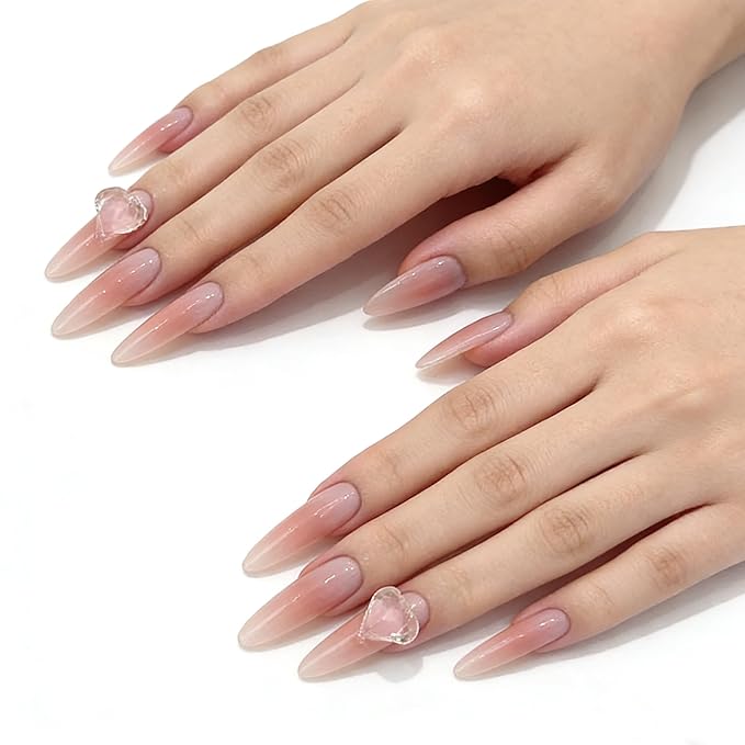 3D Heart Diamonds Press On Nails for Women-Long Almond Nude Pink Fake Nails,30pcs Reusable False Nails with Jelly Glue for Prom, Wedding&Daily Wear