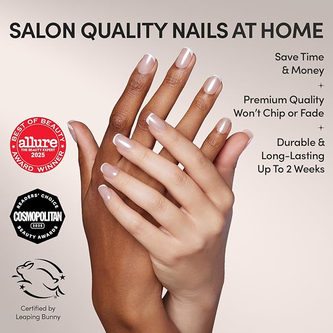 Glamnetic Press On Nails - La Perle | Semi-Transparent Squoval French Tip Nails, Salon Quality | 15 Sizes - 30 Nail Kit with Glue