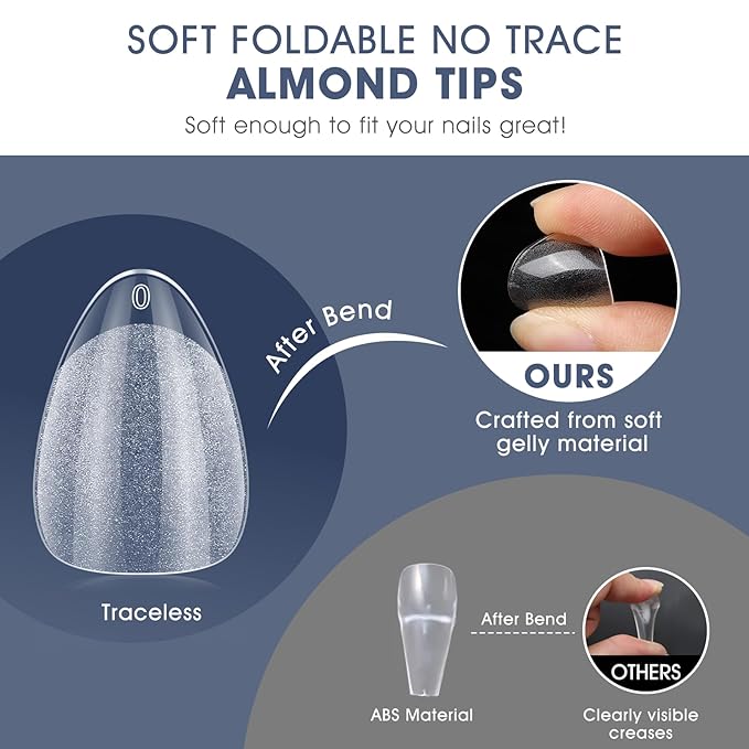Extra Short Almond Nail Tips:240PCS Soft False Nail Gel Tips Full Cover Acrylic Clear Fake Press On Nails for Extensions Women Manicure DIY 12 Sizes