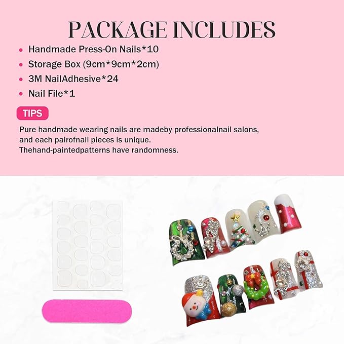 Christmas Press on Nails Handmade Medium Luxury Nails Press Ons Glitter Glossy Full Cover Fake Nails with Cute Xmas Tree Reindeer Designs Reusable Acrylic Glue on Nail for Women 10Pcs (Size M)