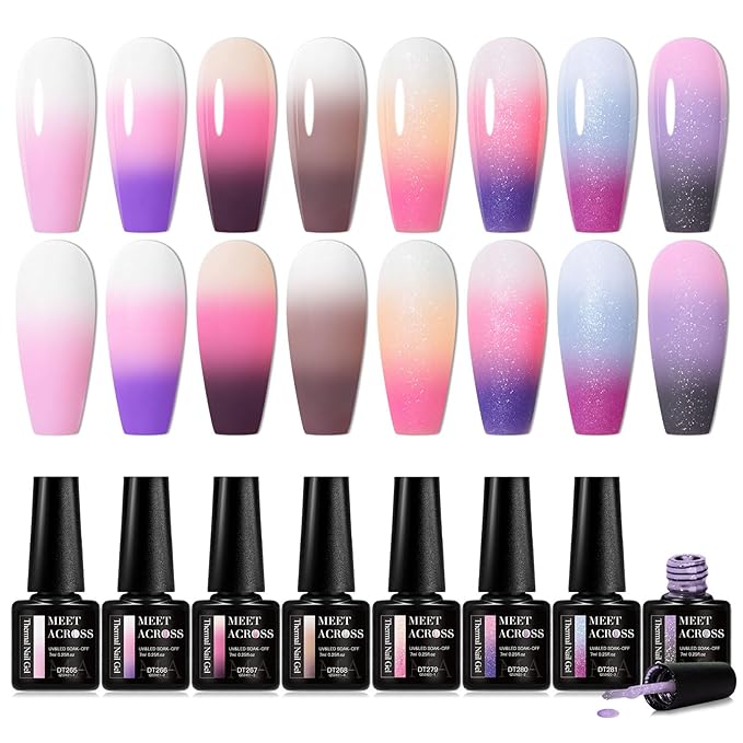 MEET ACROSS Color Changing Gel Nail Polish Set, 8 Colors Red Pink Glitter Purple Mood Temperature Change Nail Polish Gel Set Soak Off Nail Art DIY Salon Manicure Holiday Gift