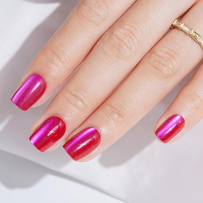 Press On Nails Short Square - Findigit Berry Red Cat Eye, False Nails, Natural Fit Reusable Stick On Fake Nails with Glue | Salon Quality | 16 Sizes - 32 Nails