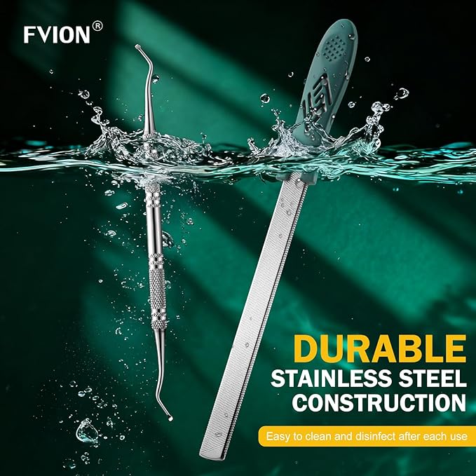 FVION Toenail File for Thick Nails and Toenail Lifter, 2pcs Stainless Steel Nail File and Ingrown Relief Set, Heavy Duty Metal Emery Board for Seniors, Men & Women Pedicure Tool (Green)