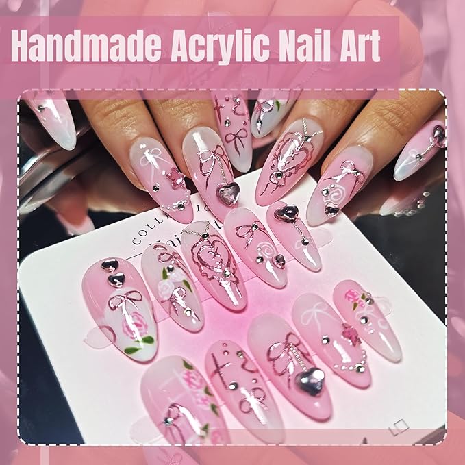 Handmade Acrylic Press On Nails Almond, Pink Press On Nails Medium, Ombre Nails Heart Rhinestone Flower For Women Gift, Reusable Stick On Fake Nails Kit With Nail Glue (Pink Romance-S)