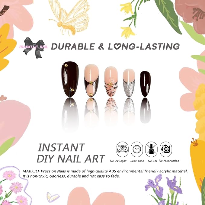 Press on Nails Medium Almond MABKJLF 3D Flower Nail Tip Fake Nails Nude French False Nails with Glitter Floral Designs Glossy Glue on Nails Full Cover Stick on Nails for Women Girls 24Pcs
