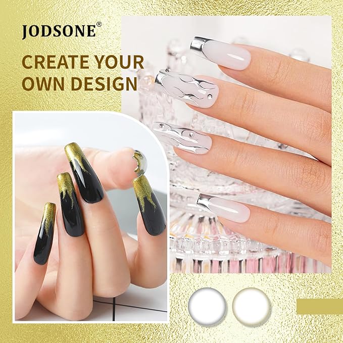 JODSONE 2pcs Metallic Nail Art Gel Liner Gold Mirror Chrome and Silvery 3D Effect Gel Nail Polish Thin Brush Metal Painted DIY at Home Salon Quality Gift for Women