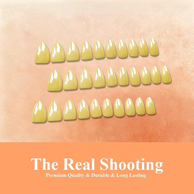 Chrome Bright Yellow Press on Nails Short Almond, Glazed Cute Fake Nails with Sparkle Mirror Design, Shiny Glitter Glue on Nails Stiletto, Gel Nail Press ons with Glue for Fingernail 30 Pcs