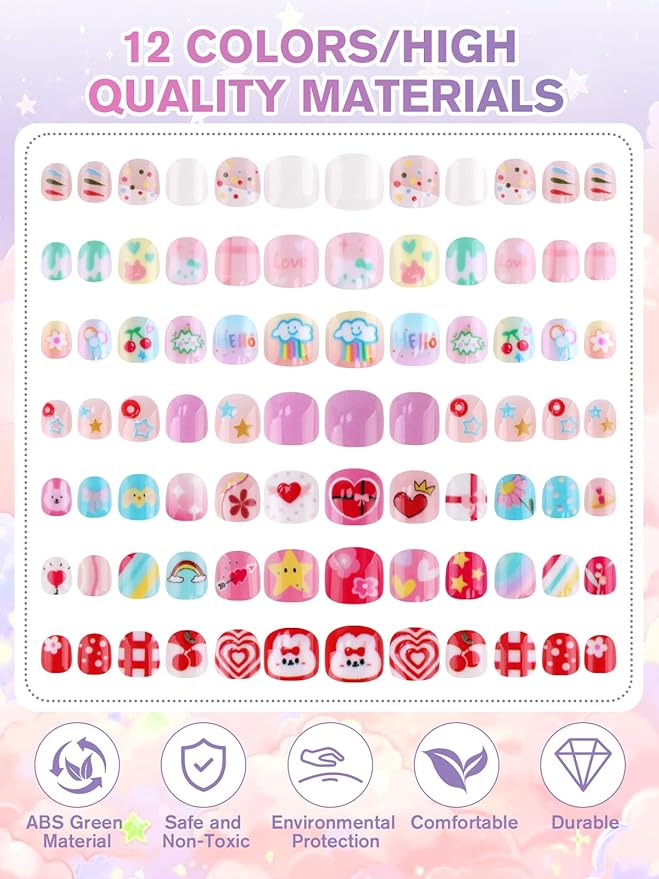 EBANKU 168 Pcs Press on Nails for Kids, Christmas Mini Almond Fake Nails, Reusable Nail Kit with Nail Glue Adhesive Tabs for Girl