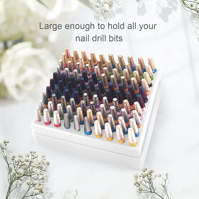 CORFULRA Nail Drill Bits Holder, Nail Organizer Box for Nail Drill Bits, Large Space Container Case for Drill Bits, 100 Holes Dustproof Displayer Box of Nail Supplies for Nail Tech, White