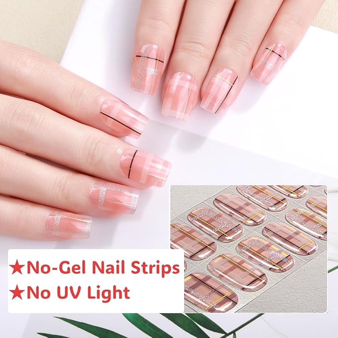 16pcs Gel Nail Strips - Nail Wraps Kit for Women Girls, No UV Light Needed, Natural Looking Manicure Full Cover Fake Nails Short Art Decor(Light Pink with Gold)